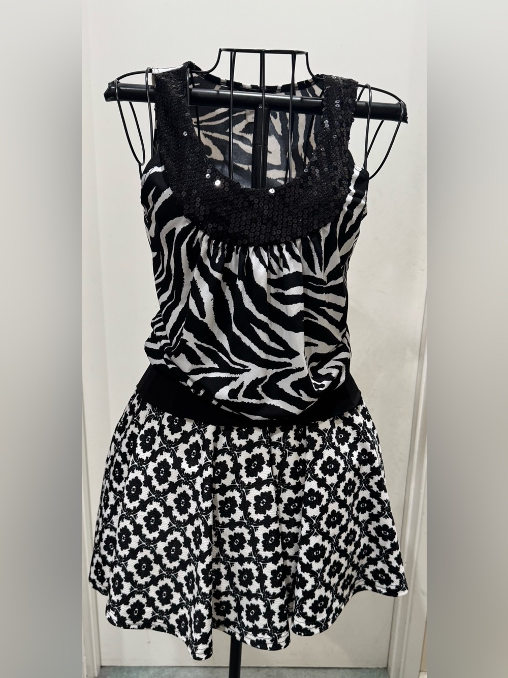 Black & White Zebra Sequin Neckline Top and  Skirt